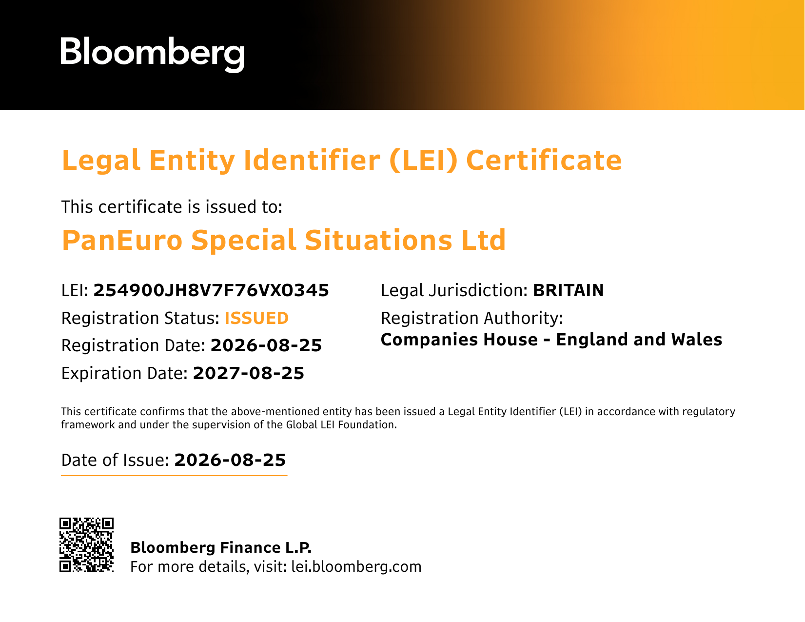 Bloomberg Legal Entity Identifier certificate for PanEuro Special Situations Ltd, LEI 254900JH8V7F76VXO345
